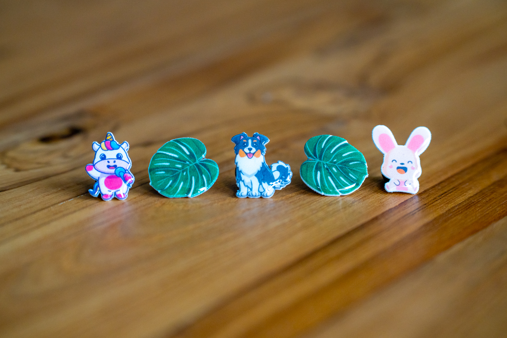 Cute unicorn, monstera, dog, and bunny pins